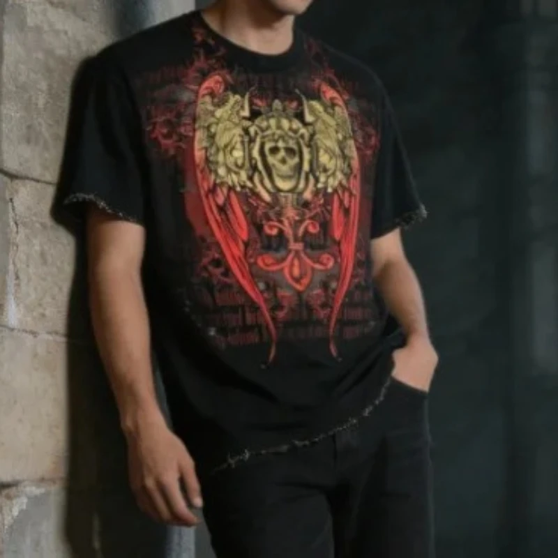 Gothic Baroque Graphic Short Sleeve American Grunge Unisex Streetwear Skull Wing Print Loose Tshirt Men Y2K HipHop Darkwear Tees