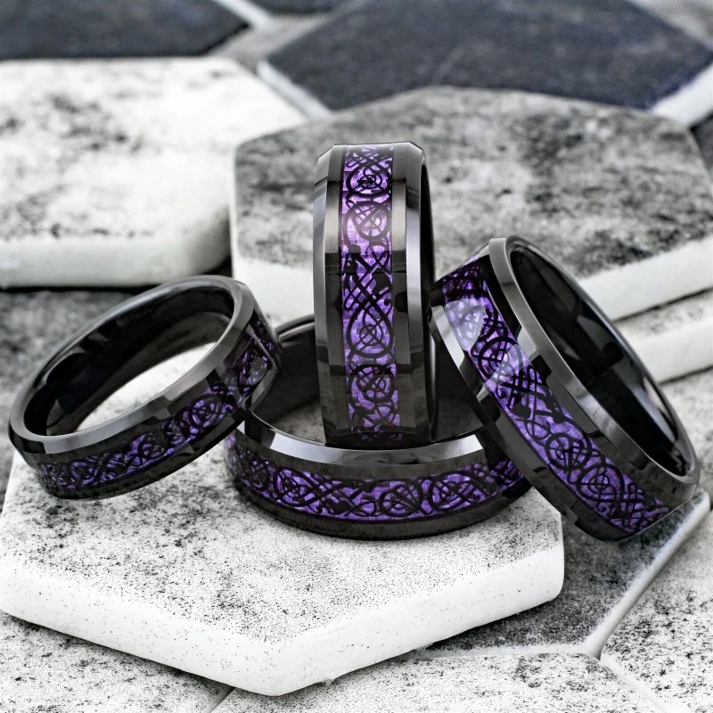 8Mm Black Tungsten Carbide Purple Carbon Fiber Celtic Dragon Wedding Band Ring