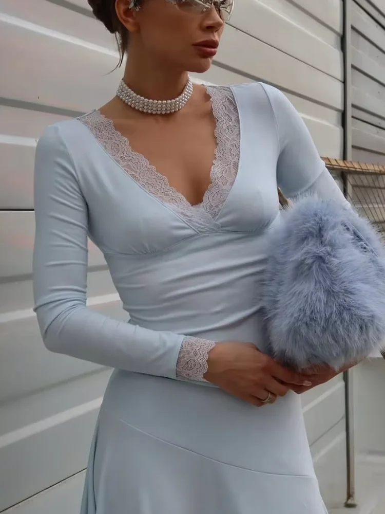 Women Light Blue Lace Trim Long Sleeve Cropped Top Deep V Wrap Front Ruched Slim Fit Top Y2k Casual Basic Shirt Lady Daily Wears