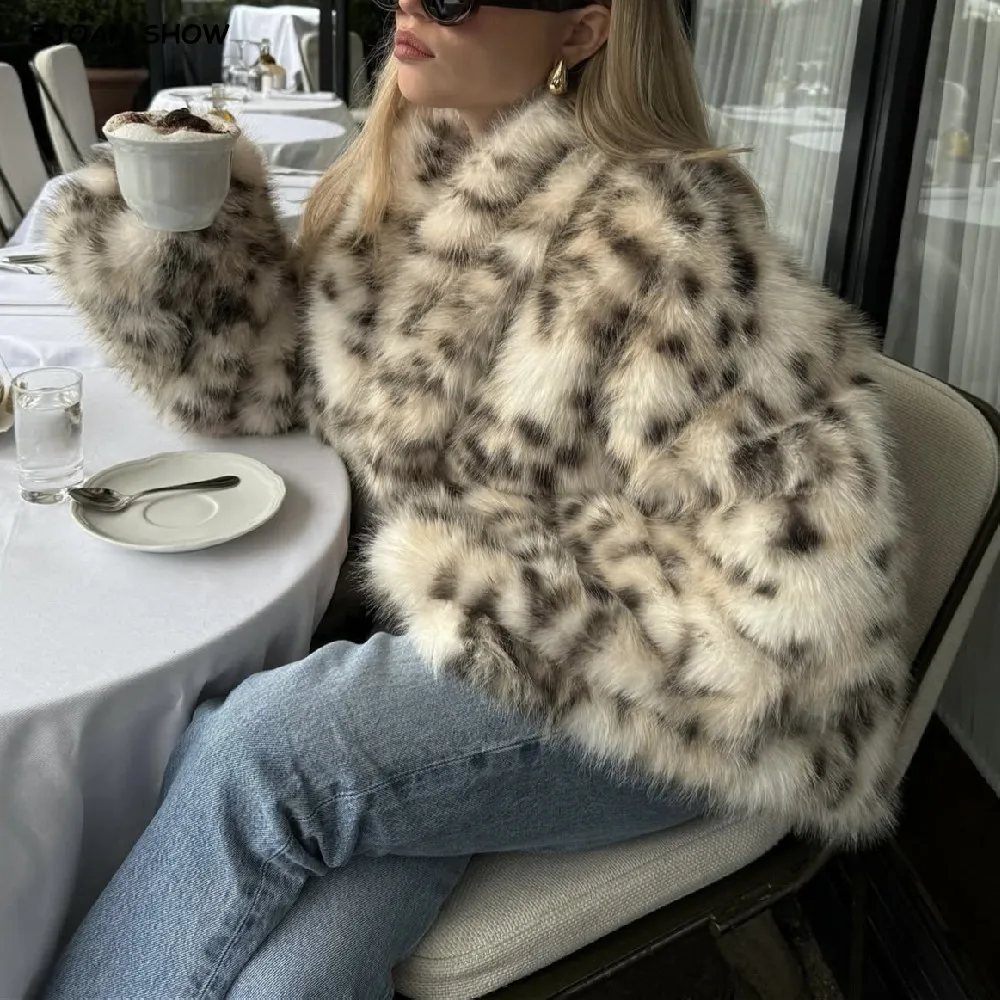 Nuevo 2025 invierno peludo Beige leopardo abrigo de piel sintética CHIC mujeres solapa cuello gancho botones manga completa peluda suelta ropa de abrigo corta