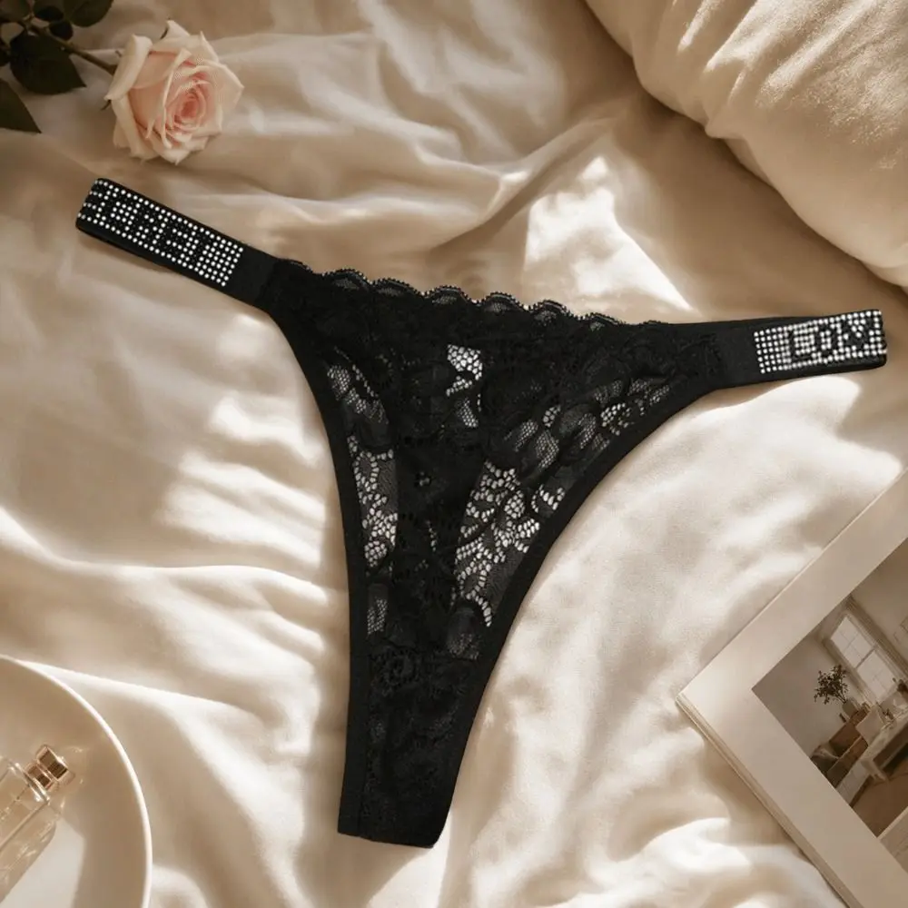 Sweet T-back Women's Thong Mid Waist Lingerie Lace Triangle Panties Crystal Letter Transparent Female Underwear Lady