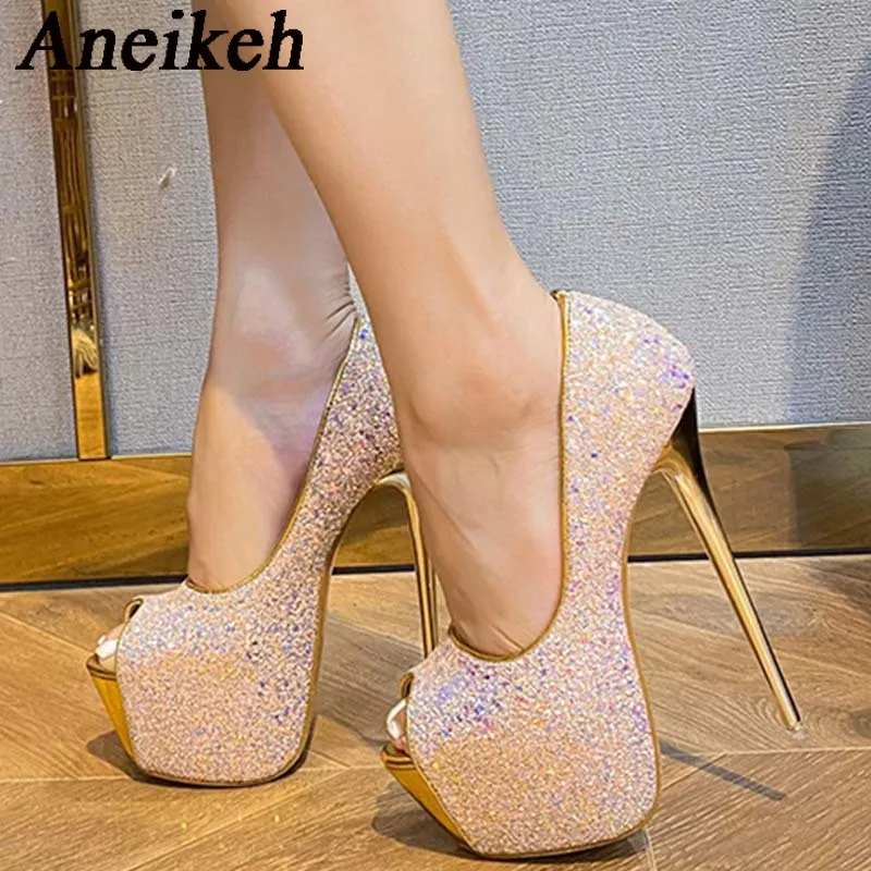 Aneikeh 2024 Fashion Sexy Platform Peep Toe Thin Heels Pumps Women Sequined Cloth Super High Heels Party Nightclub Zapatos Mules