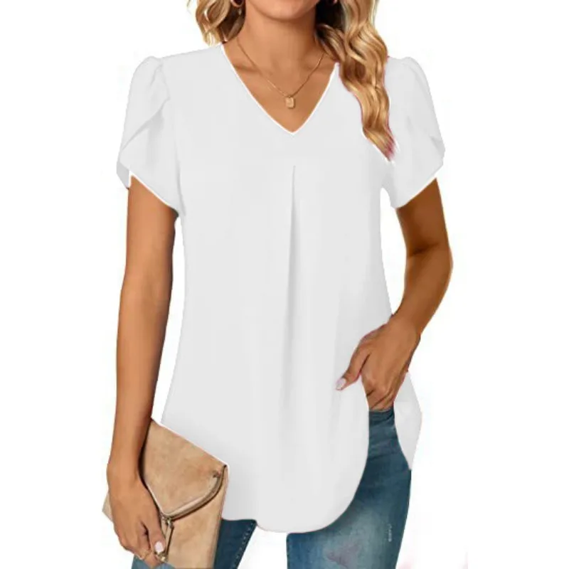 Summer Women\'s Elegant Commuter Shirt Simple Solid Color Fashion V-neck Petal Sleeve Shirt Casual Holiday Women\'s Shirt