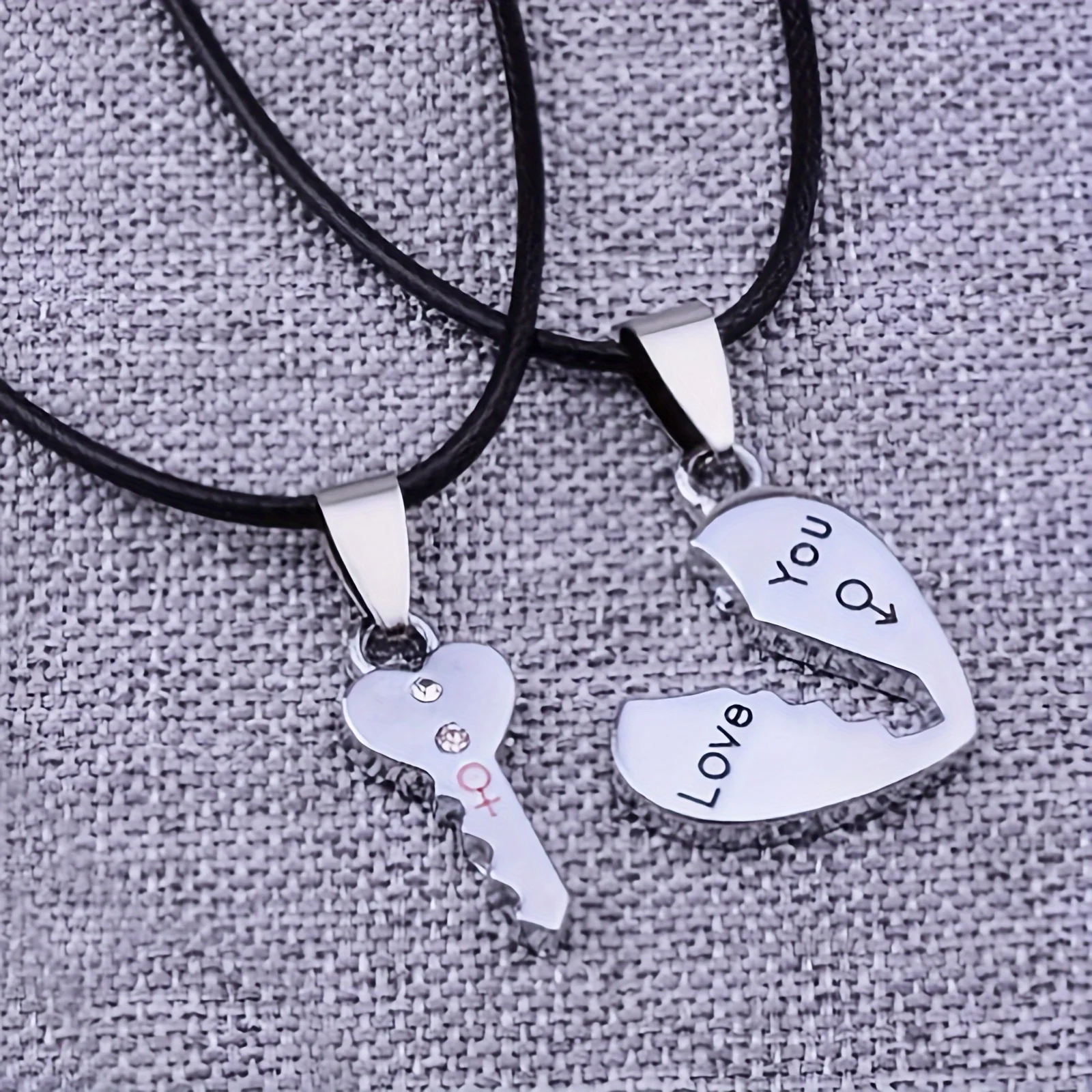 A Set of Two Minimalist Creative Heart-Shaped Key Pendant 'Love You' Couple Necklaces, Symbolizing Friendship, Commitment and Lo