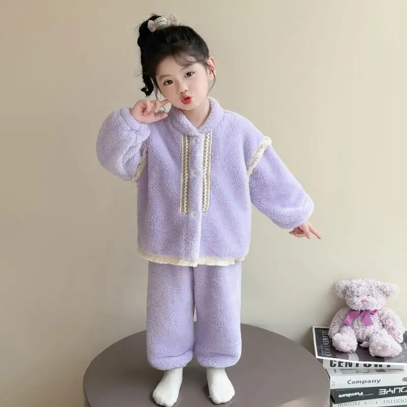 حار الطفل الفانيلا قطعتين مجموعة منامة فتاة الخريف الشتاء رشاقته الدفء القمم السراويل الطفل Kawaii موضة جديدة ملابس منزلية غير رسمية