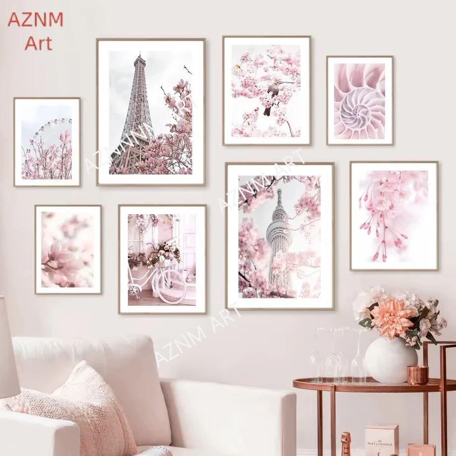 Rosa Sakura Paris Windmühle Floral Wand Kunst Leinwand Malerei Moderne Poster Drucke Wand Bild Für Wohnzimmer Dekor Ästhetik