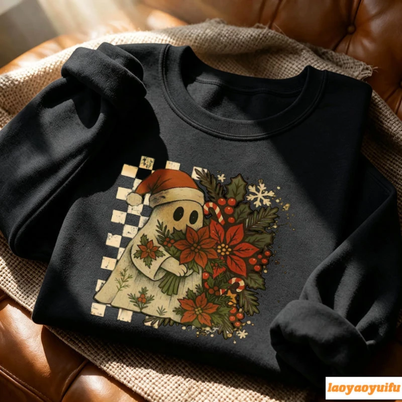 Vintage Christmas Ghost Santa Hat Poinsettia Checkered Pattern Graphic Long Sleeve Pullover Casual Winter Holiday Tops for Party