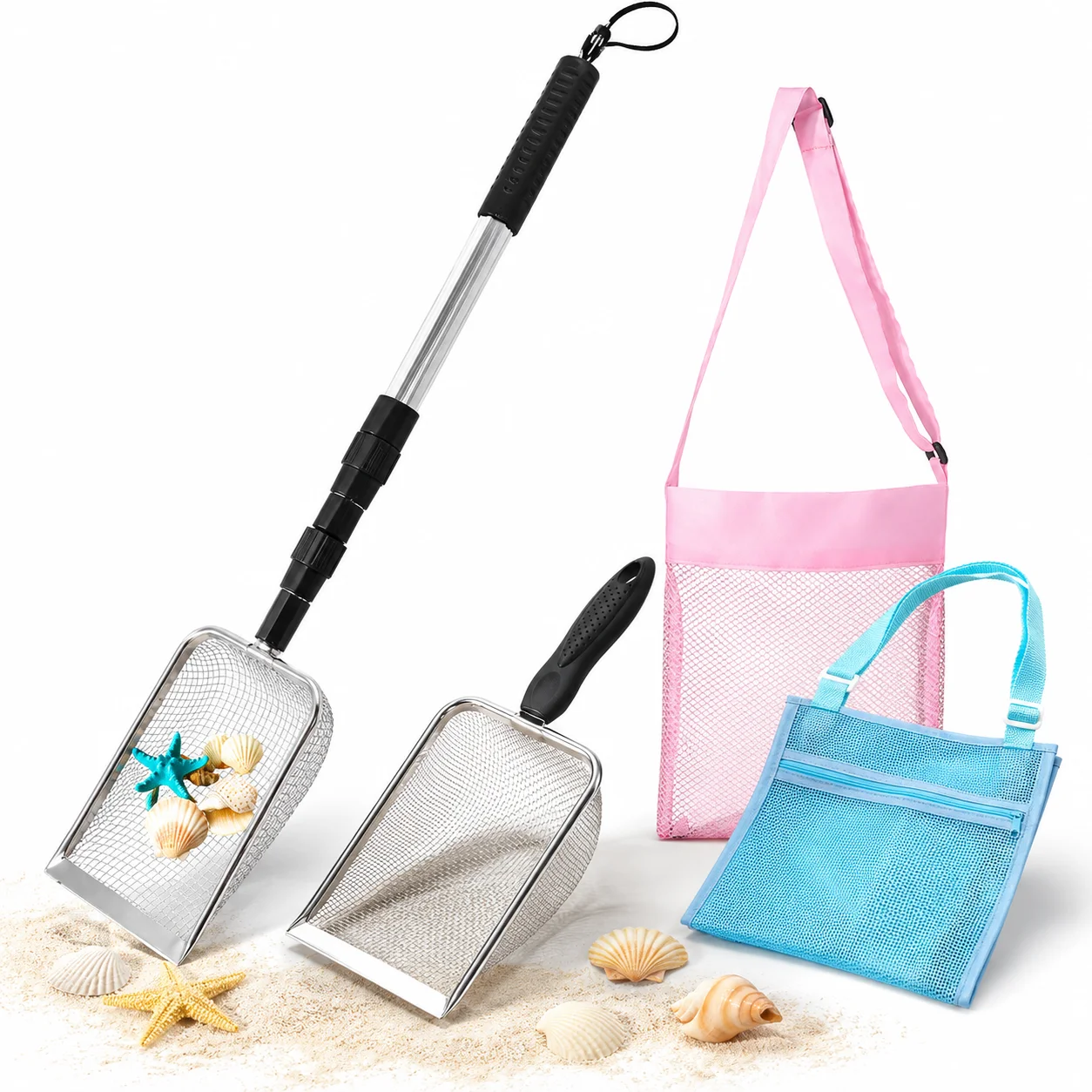 Outdoor Shell Hunting Kit with Long Handle Sand Scoop, Hand Sifter and 2 Mesh Carry Bags, 4-Piece Beach Tool Set