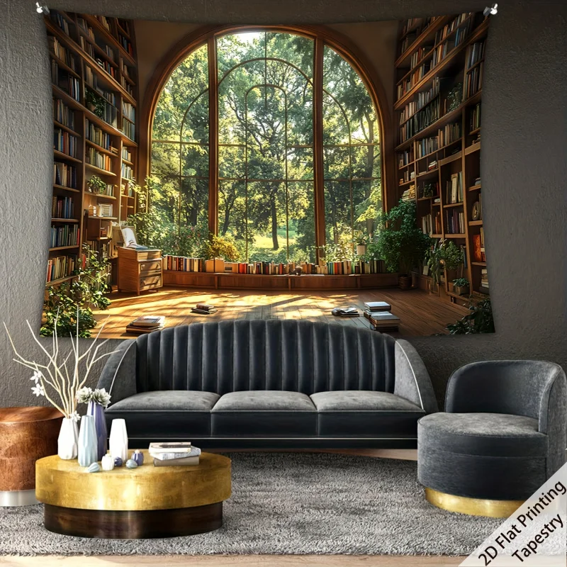 VIKAMA Retro Window View Library Tapestry Art Forest Collection Light Luxury Art Style Living Room Room Decoration
