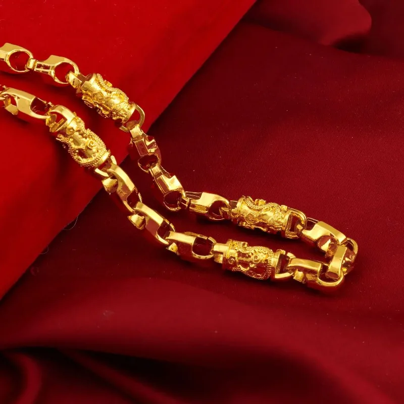 Elnar Jewelry Luxury 24K 9999 Pure Gold real gold Men's dragon-pattern smooth single-button necklace