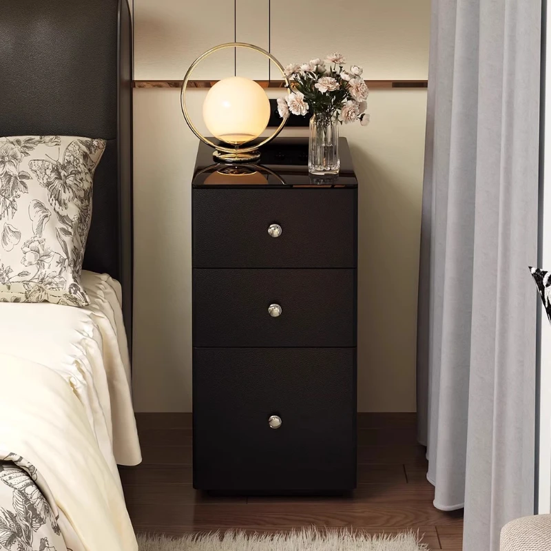 

Glass Wooden Nightstands Bedside Slim Black Wood Nightstands Minimalist Drawers Mesita De Noche Dormitorio Designer Furniture