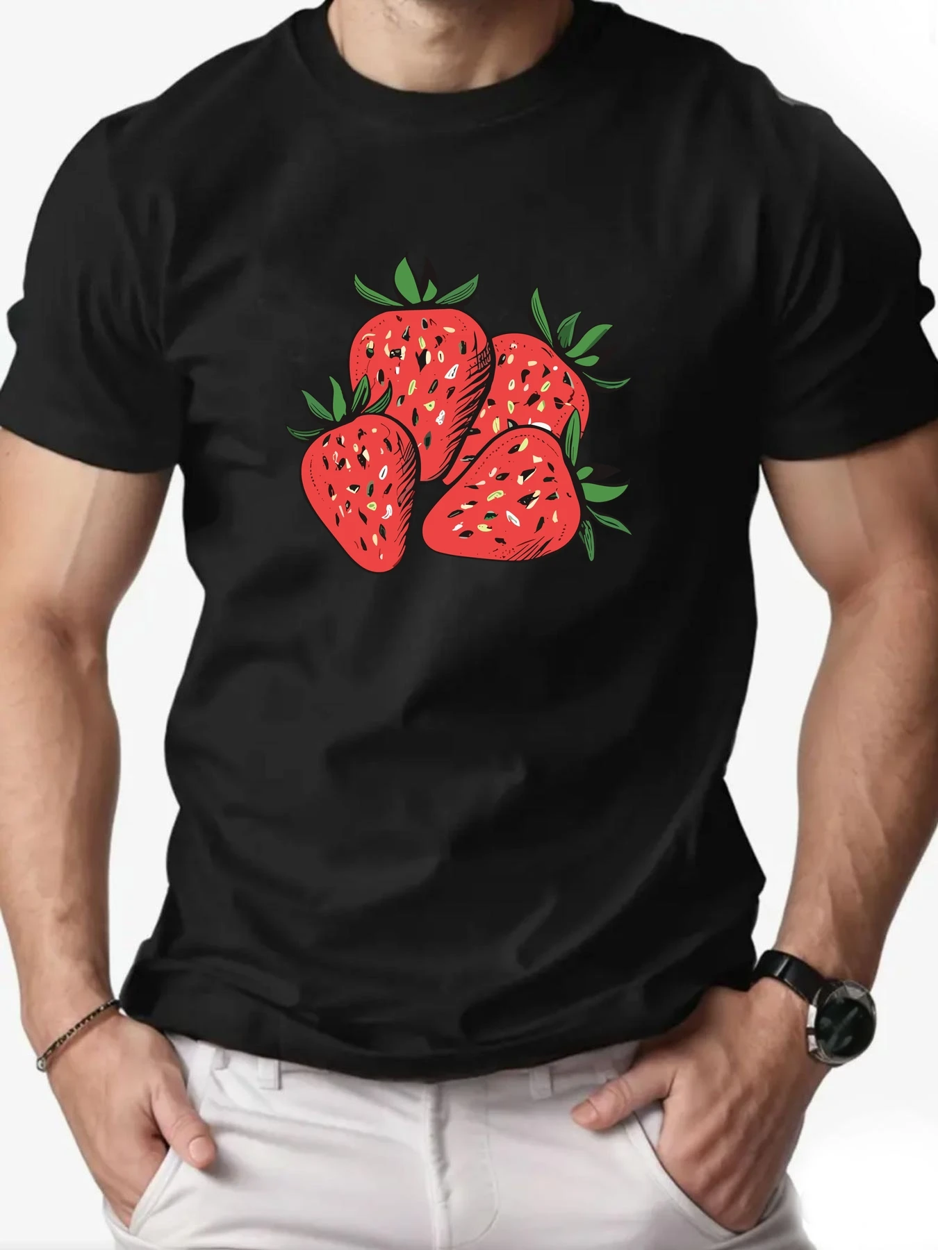 

Men's T-shirt Strawberry Summer Pattern Printed Fashion Leisure Sports Men's Round Neck T-shirt High Quality Men's Clothing