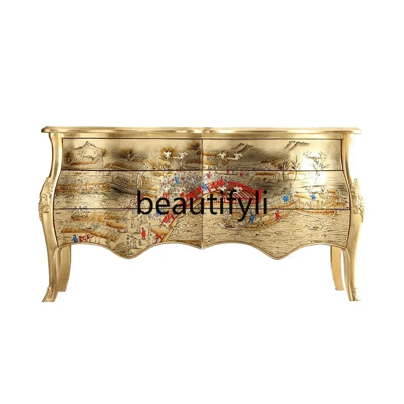 

Gold foil painted Qingming Shanghe picture Solid wood entry foyer decoration Entrance cabinet Display cabinet