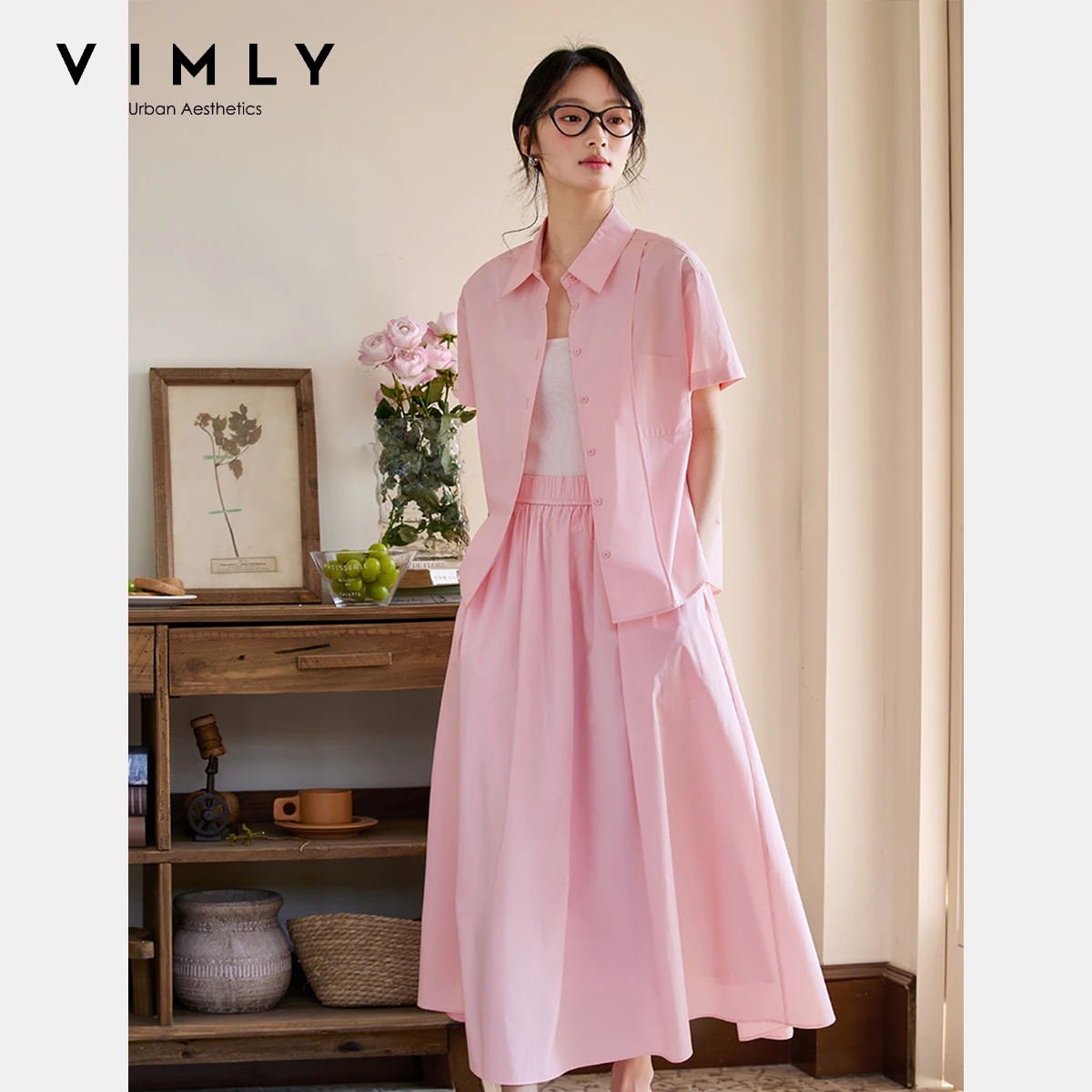 

VIMLY Commuter Pink Shirt Skirt Set Women's Summer Suit 2025 100% Cotton Short Sleeve Top Long Skirt Lady 2 Piece Outfits A1017