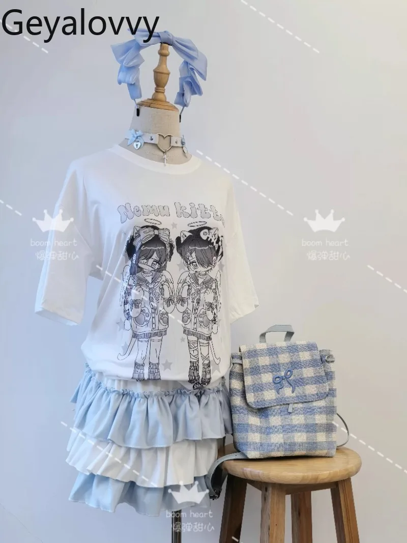 

Complete Set Y2K Sweet Cute Girls Blue White Short Sleeve Printed T-Shirt and Cake Skirt Accessories Summer Five-Piece Set