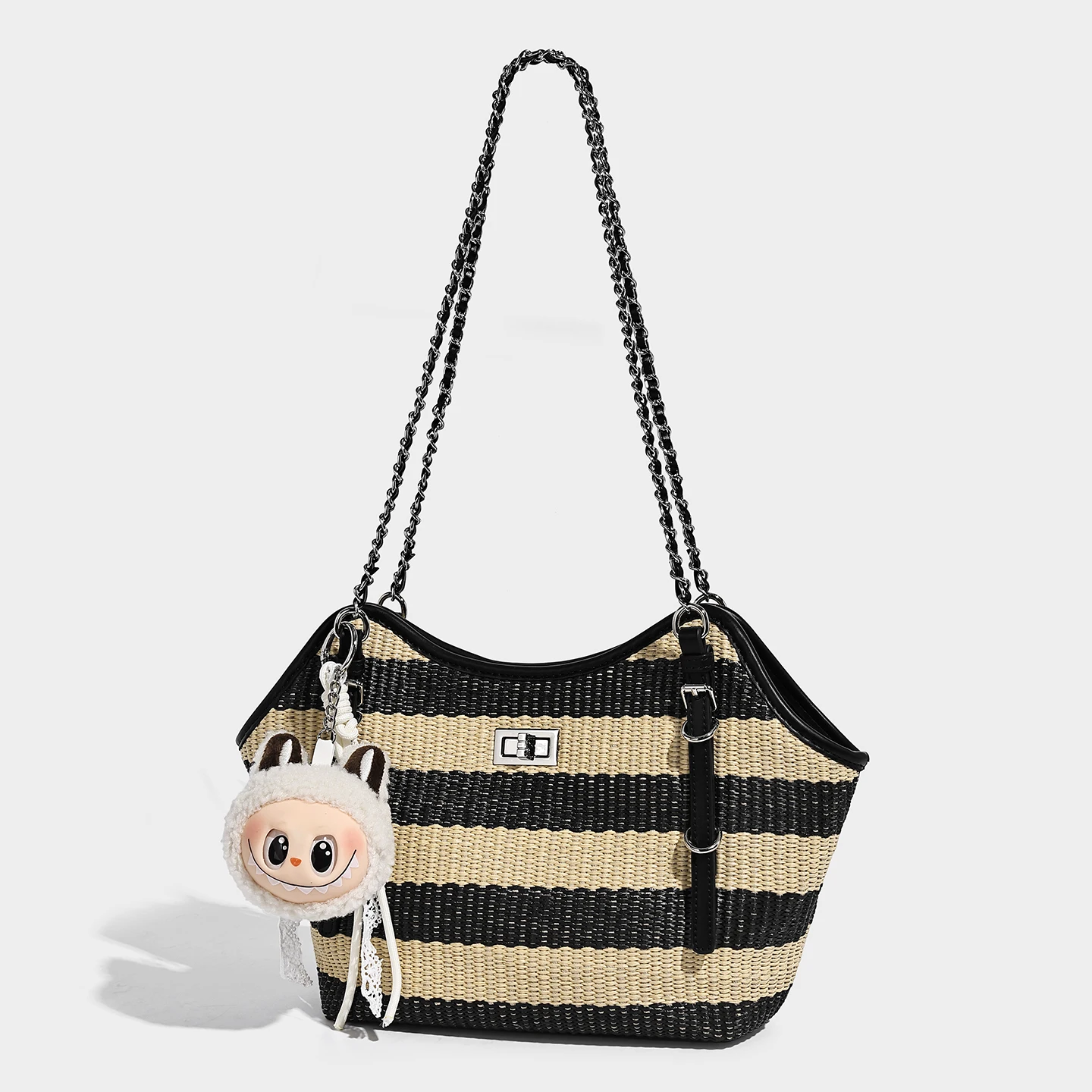 Beach Straw Tote Bag For Women Luxury Designer Handbag And Purse 2026 New In Grass Striped Pattern Chain Strap Underarm Shoulder