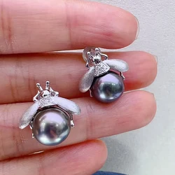 MeiBaPJ 9-10mm Peacock Blue Natural Round Pearls Fashion Bee Stud Earrings DIY 925 Silver Holder Fine Wedding Jewelry for Women