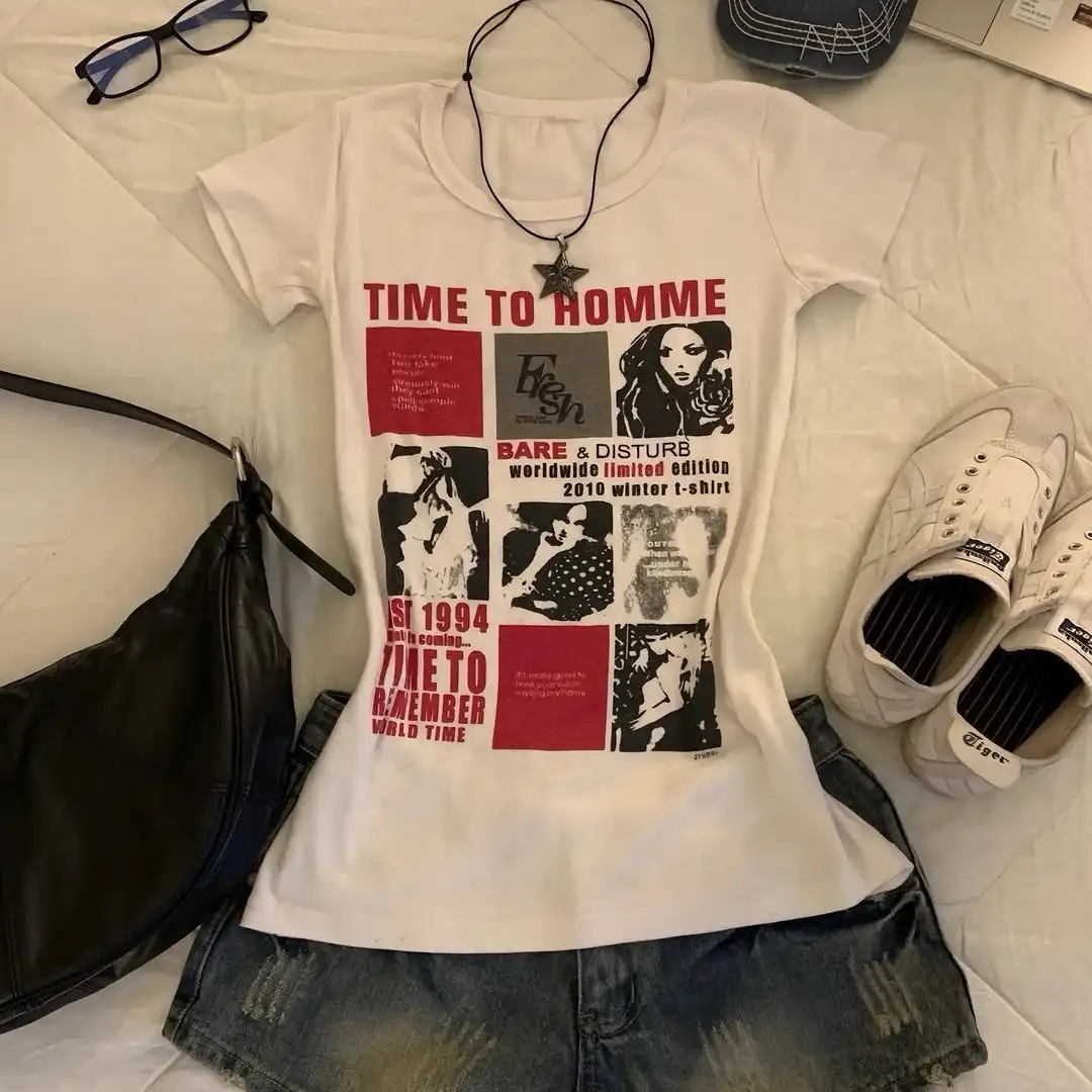 

Y2k Millennium 2000s girl Vintage Aesthetics Print PUNK Slim fit subculture Streetwear emo Spicy retro short sleeve Top T-shirts