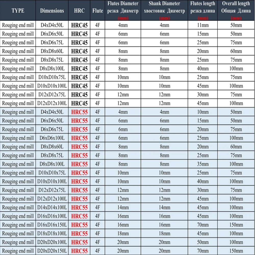 HRC45 HRC55 4Flutes D4-20mm Alloy Coating Tungsten Solide Carbide Roughing End Mills CNC router bits milling cutter