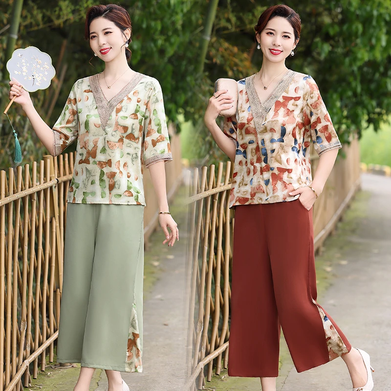 Women Pant Sets Casual Summer 2 Piece Sets Women Outfit Elegant Loose Wide Leg Pants and V-Neck Half Sleeve Short Sleeve Blouse