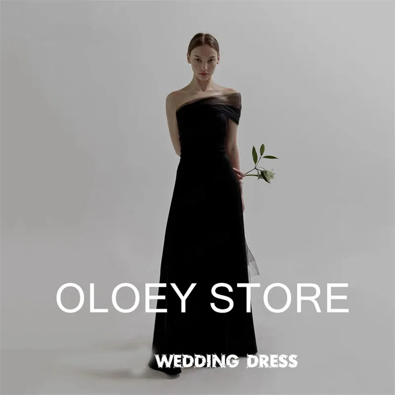 

OLOEY Simple Black Strapless Korea Wedding Dress Photo shoot Thick Satin Bridal Gown Bolero Tulle Corset Back customized