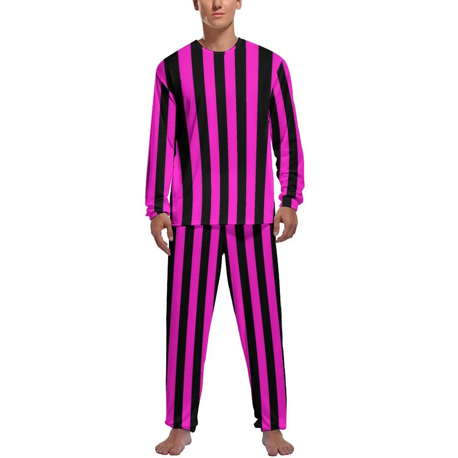 

Vertical Striped Pajamas Mens Pink And Black Warm Sleepwear Winter Long Sleeves 2 Piece Casual Custom Pajamas Set