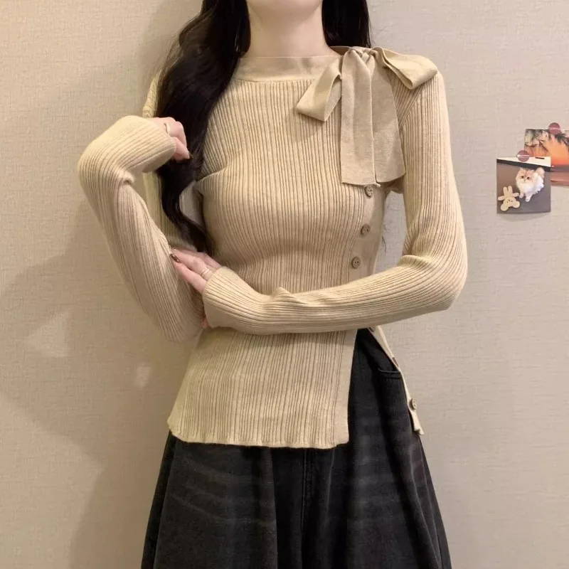 Women Long Sleeve Ribbed Knit Top Bow Decor Irregular Hem Pullover