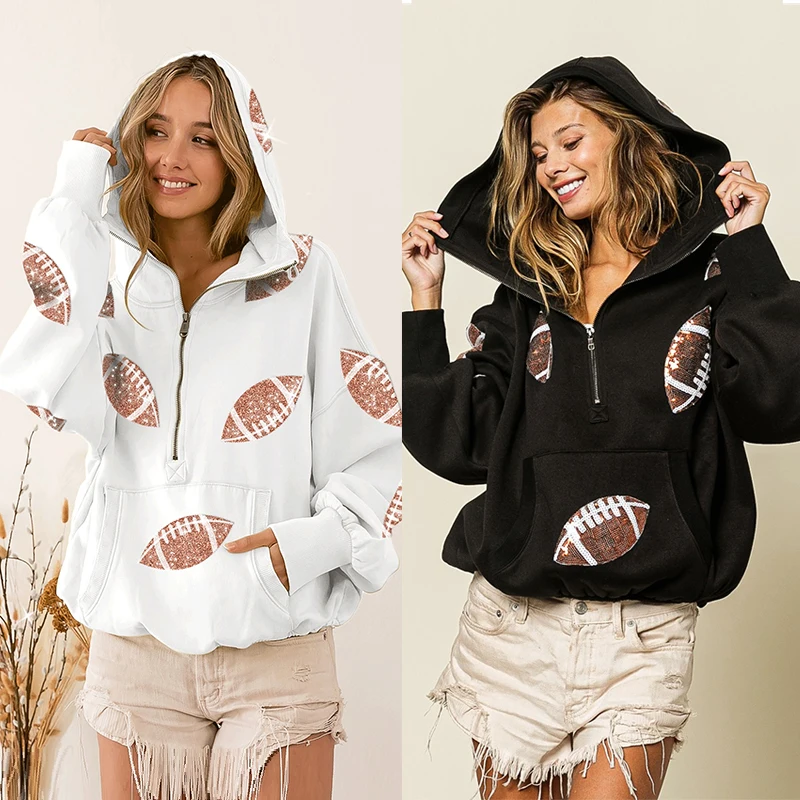 Sudaderas con capucha de lentejuelas de Rugby para mujer, suéter de manga larga con cremallera y cordón, chaqueta superior suelta, ropa de calle