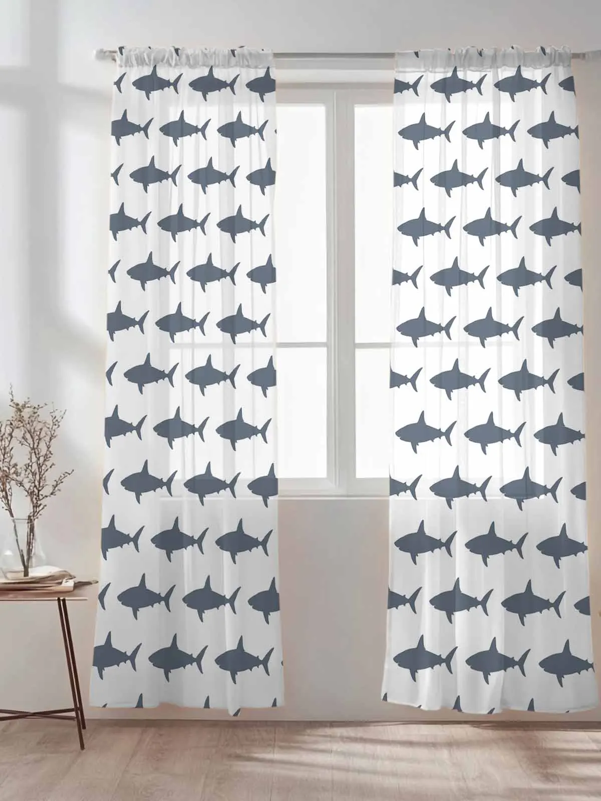 

Modern Cartoon Sharks Animals Tulle Sheer Curtains for Living Room Bedroom Kitchen Decoration Voile Organza Curtains