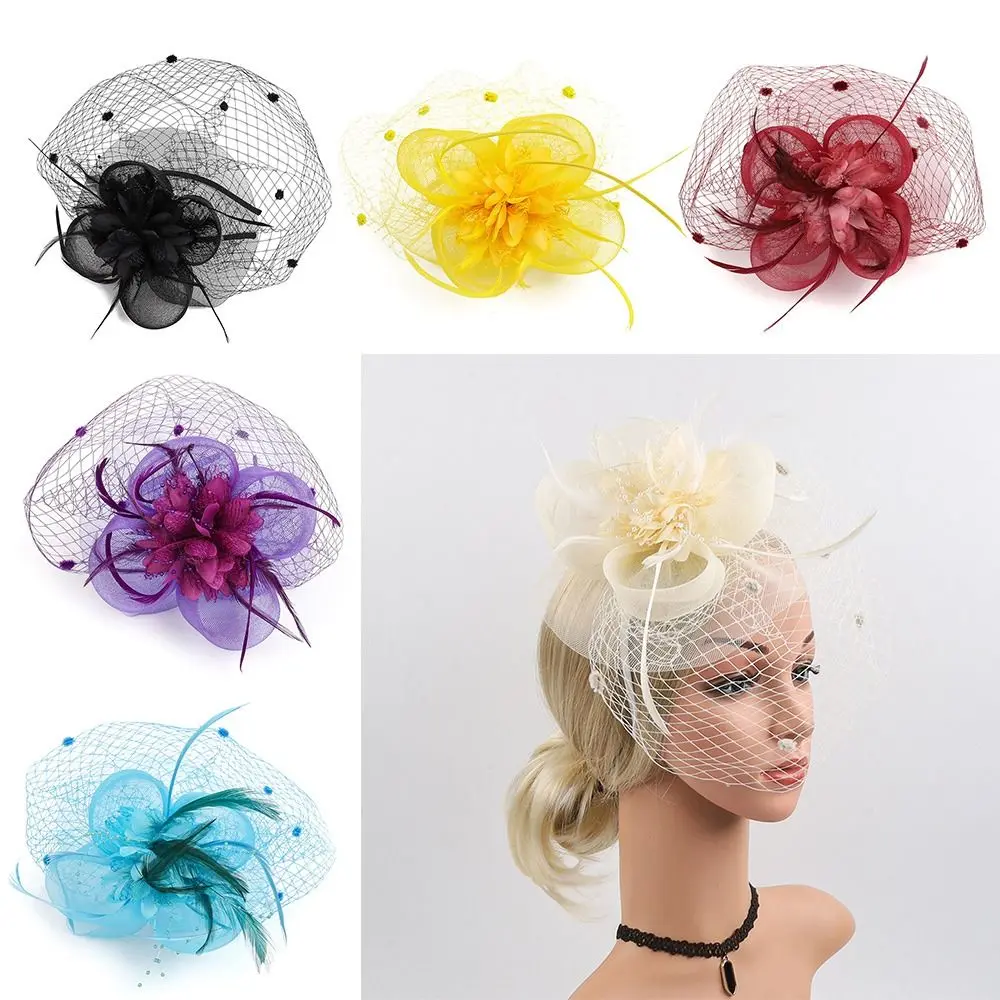 Mesh Yarn Bridal Headdress Retro Flower Makeup Prom Hair Clip Hat Feathers Fascinator Hairpin Party Wedding