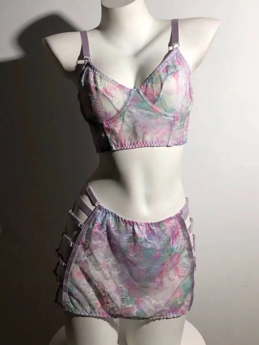  الأزهار تنورة دانتيل مجموعات بقماش شفاف البرازيلي وتنورة الرباط حجم كبير ملابس داخلية مثيرة رفع البرازيلي مع ثونغ المرأة تنورة مجموعات U1I7 #6