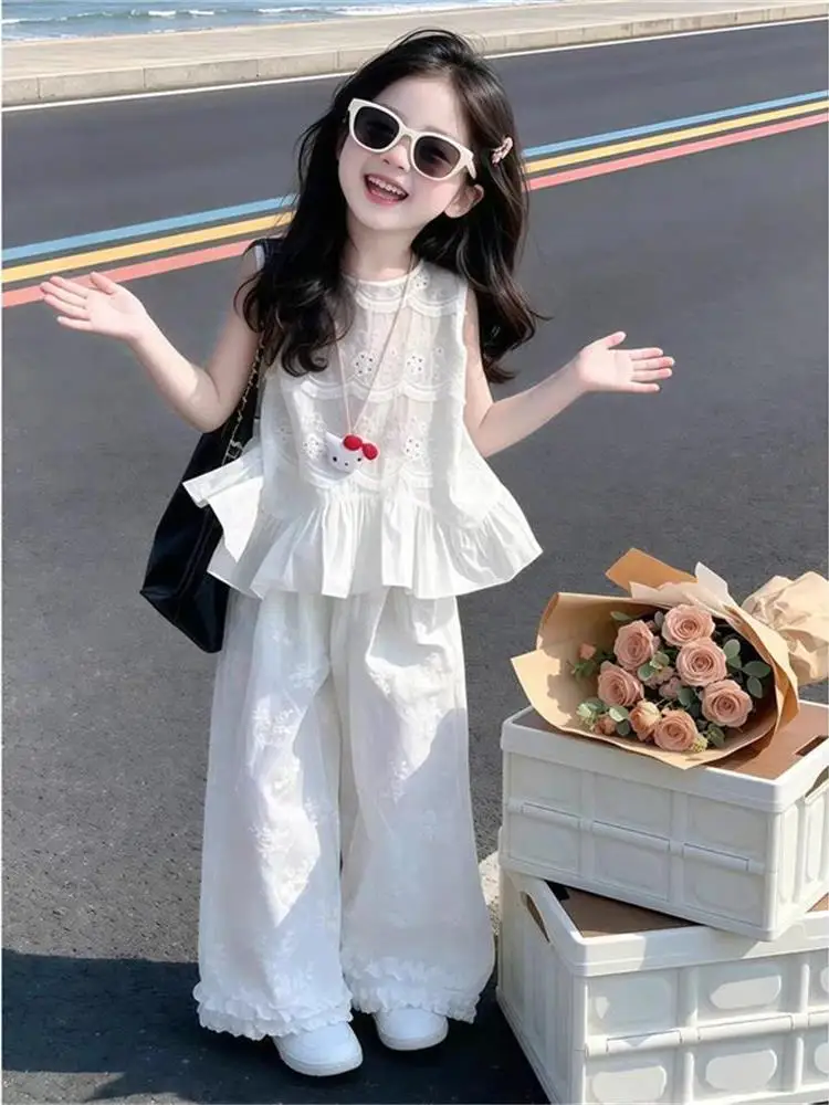 女の子夏ノースリーブレーストリムツーピースセット通気性薄いワイドレッグパンツ韓国スタイル子供服幼児子供服