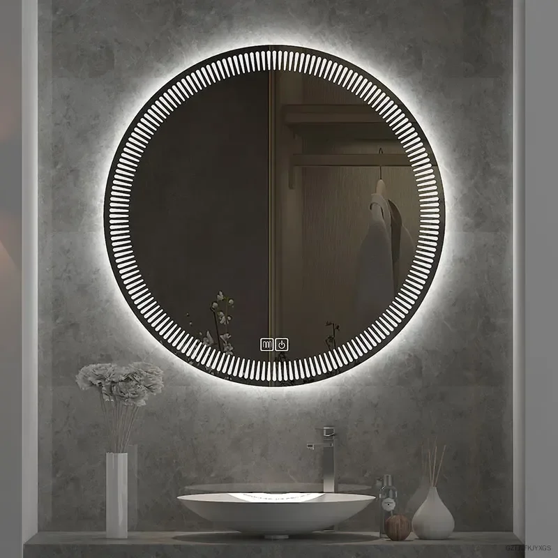 24inch Round LED Bathroom Mirror Anti-Fog Touch Control 3 Colors Dimmable Backlit Smart Wall Mirror IP44 Waterproof 110V-220V