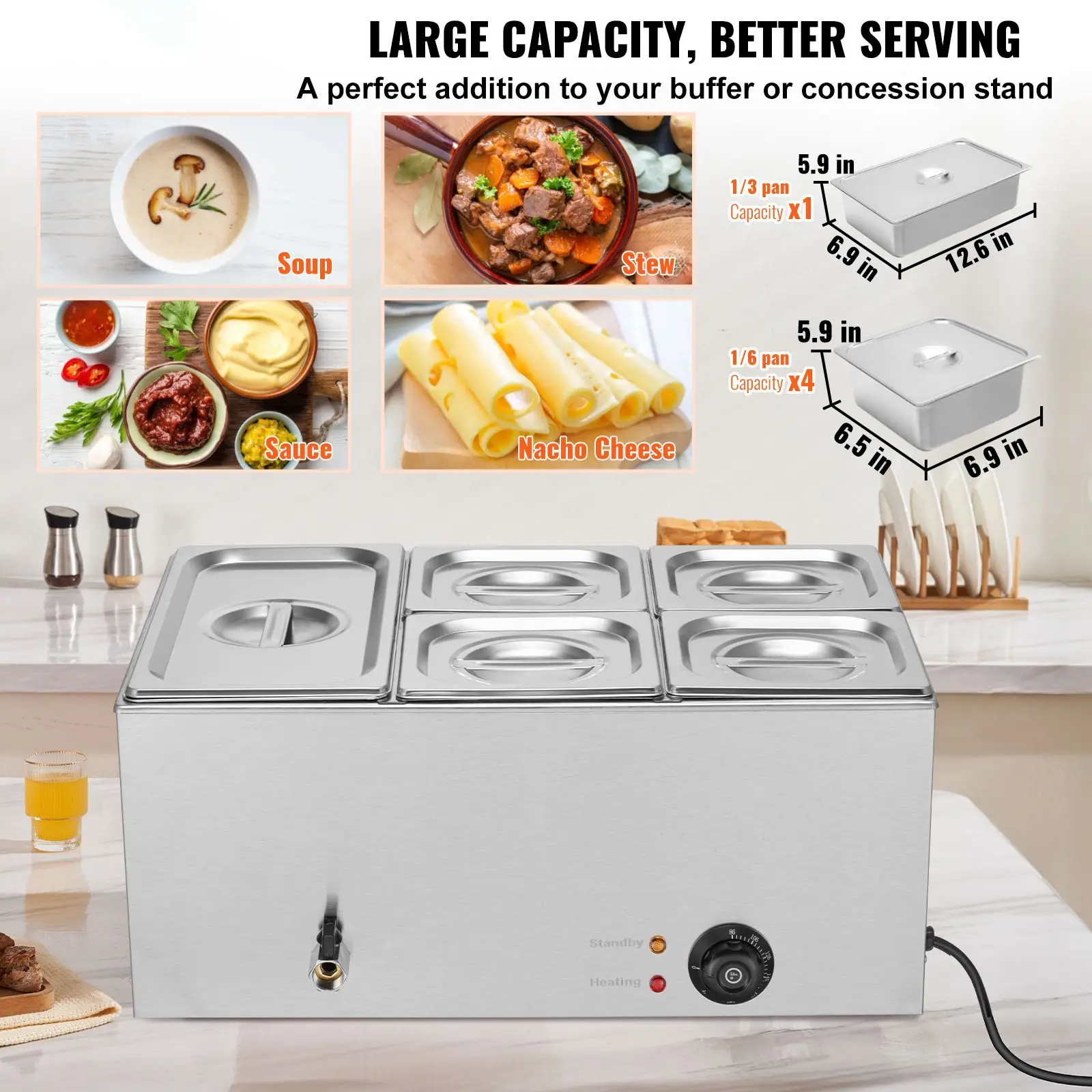 24QT Commercial Food Warmer, 5-Pan Electric Steam Table, 1200W Professional Countertop Stainless Steel Buffet Bain Marie with 86