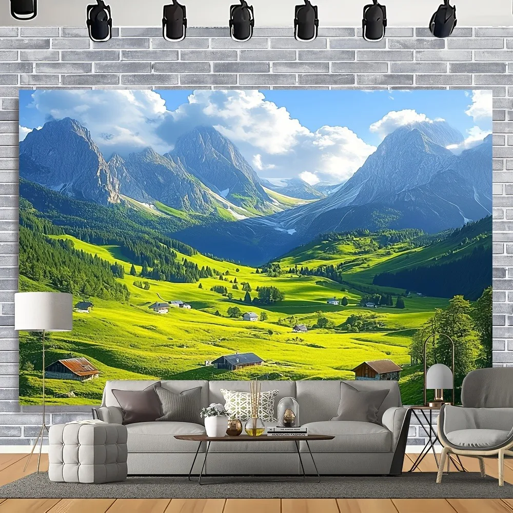 Sunny Alpine Valley Tapestry: Lush Mountain & Meadow Scene Pattern Serene Cottagecore Wall Decor for Living Room Bedroom