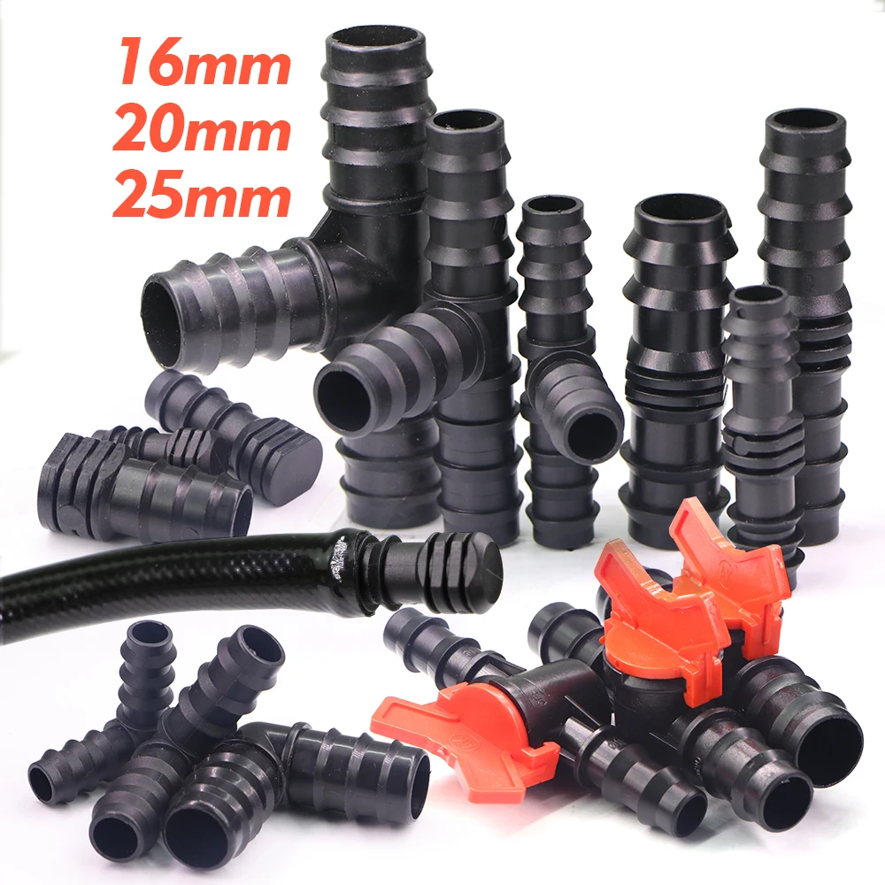 5PCS 16/20/25mm Garden Watering Hose Barb Connectors for Greenhouse PE Pipe Joints Straight Tee Elbow Plug Valve Tube Fitting