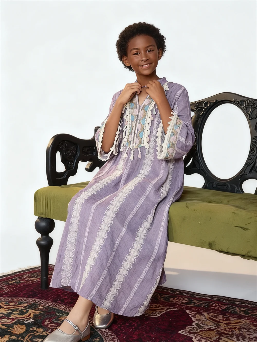 

Абая с этнической вышивкой для девочек, детское мусульманское платье, Ближний Восток, Дубай, кафтан с кисточками, исламская детская одежда, арабский халат Джеллаба