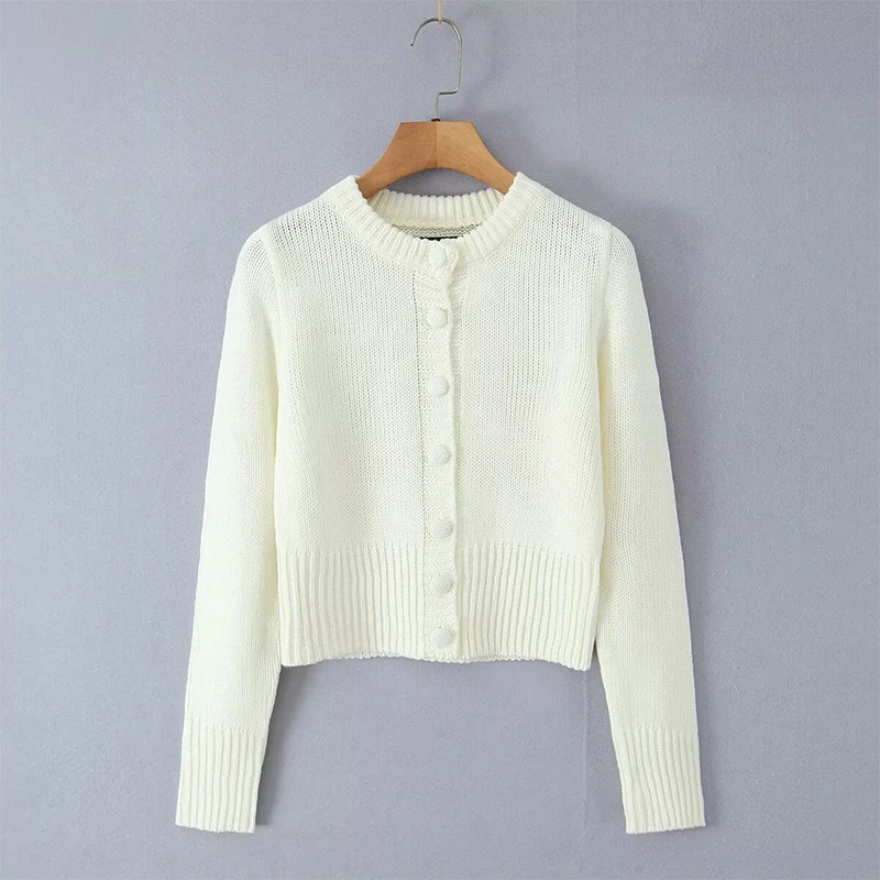 YENKYE 2025 Women Front Button Long Sleeve O Neck Short Knit Cardigan Casual Autumn Outerwear Tops