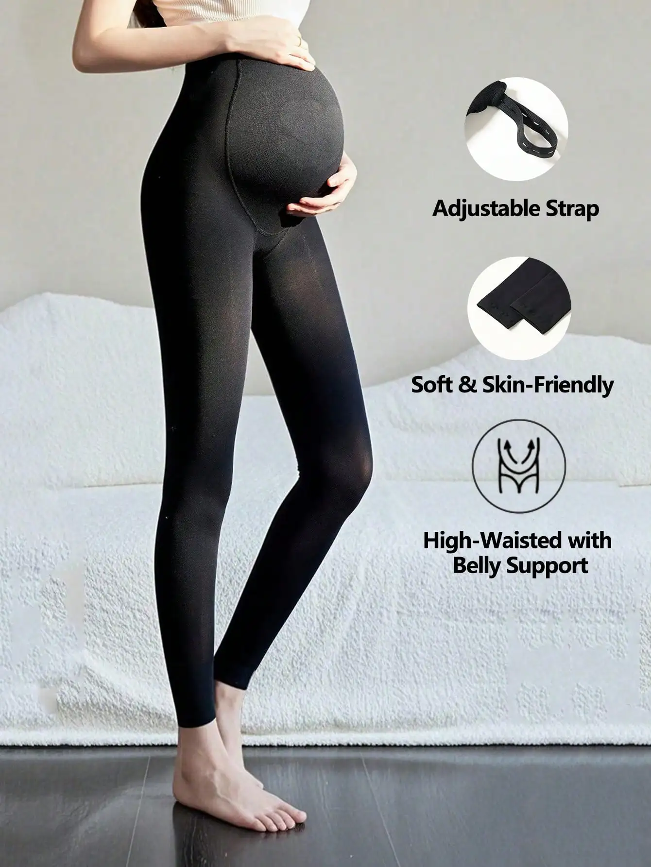 

1 Pc of Black Stylish & Minimalist Mid-Thickness Cropped Maternity Pantyhose for Spring & Autumn - with Adjustable Strap