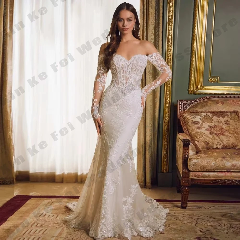 Gorgeous Women's Bridal Gowns Sexy Off Shoulder Long Sleeve Lace Princess Mermaid Wedding Dresses Formal Beach Party Customized