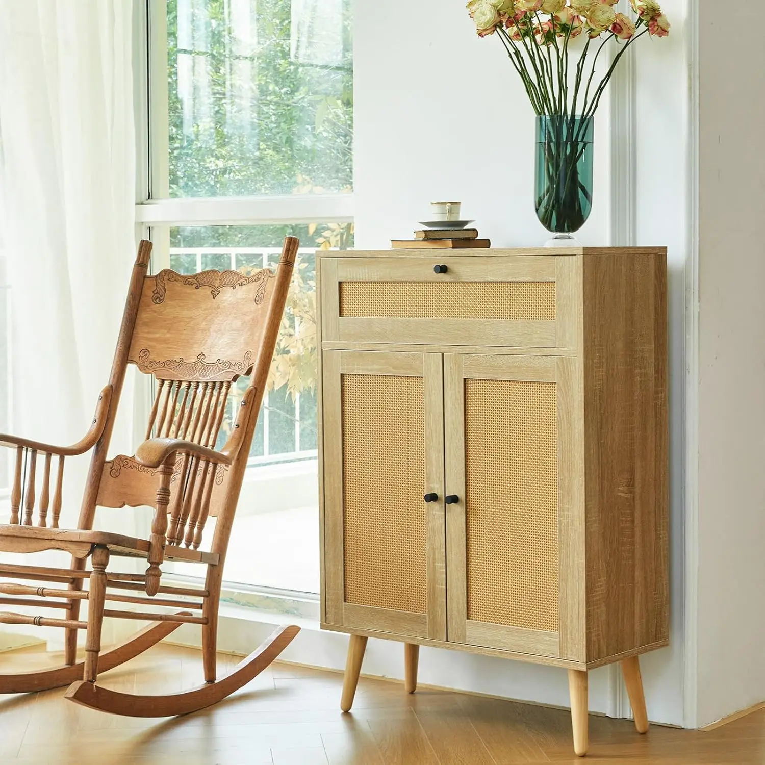 Accent Cabinet with Drawers - Rattan Storage Cabinet, Buffet Cabinet with Storage, Sideboard, Console Cabinet, Entrance Shoe Cab