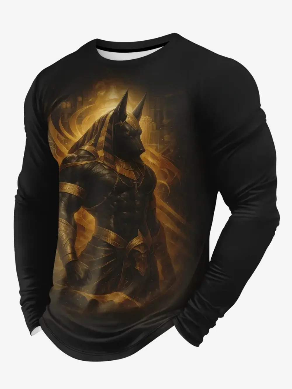 

Men's Egyptian Anubis T-Shirt 3D Print Black Gold Graphic Long Sleeve Tee Fashion Y2k Clothes Men Tops Oversized Men's Clothing