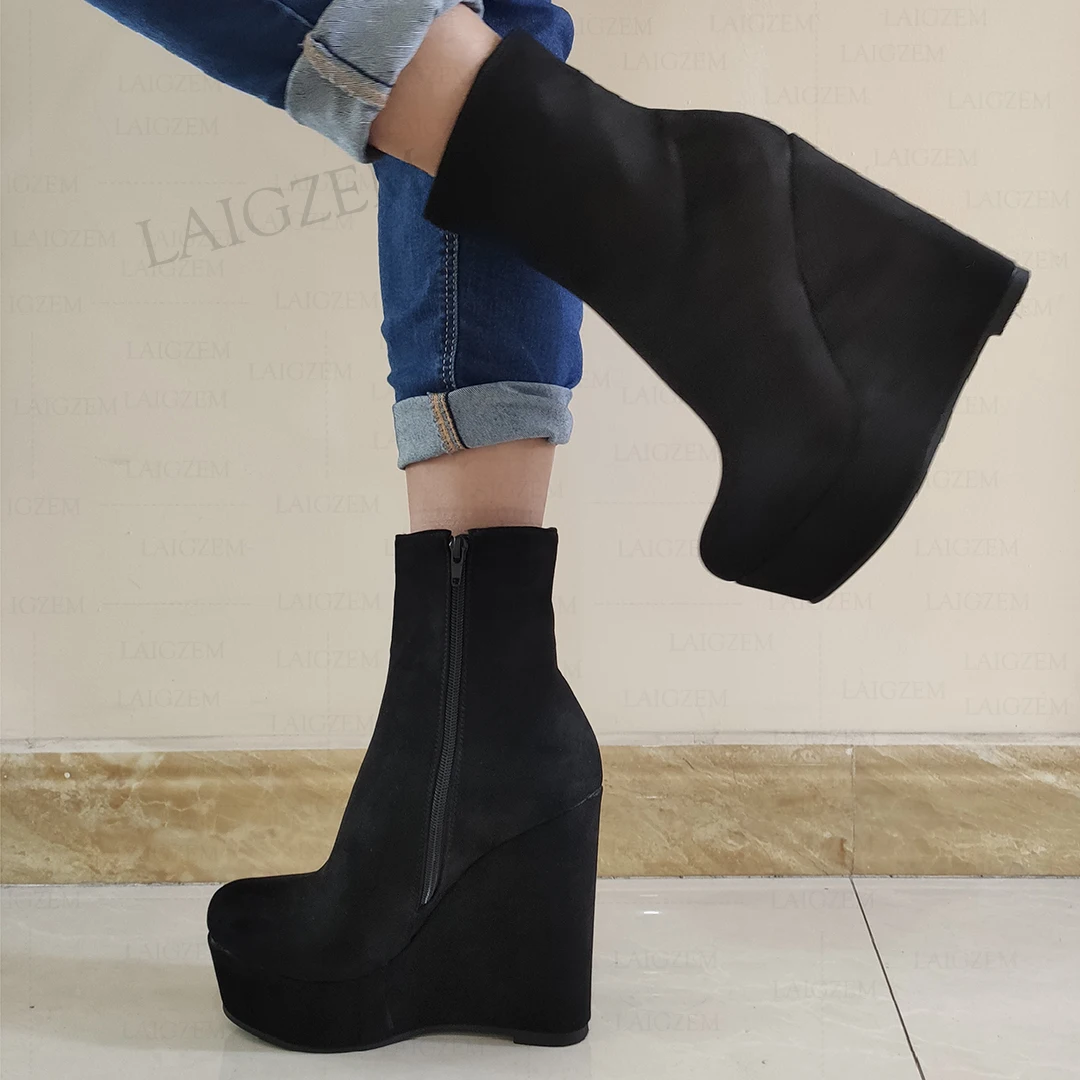 LAIGZEM Women Ankle Boots Faux Suede Platform Wedges Side Zip Short Booties Ladies Height Increase Shoes Woman Big Size 44 46 52