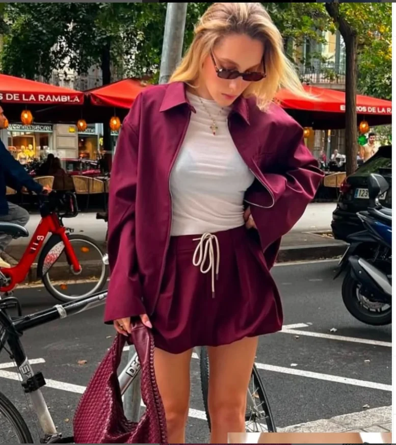 HXAO 2024 Roter Rock-Set, elegante Damen-Sets, Herbst-Mäntel-Sets für Damen, 2-teilig, Oberbekleidung, Reißverschluss, Langarm, Jacke, Rock-Set