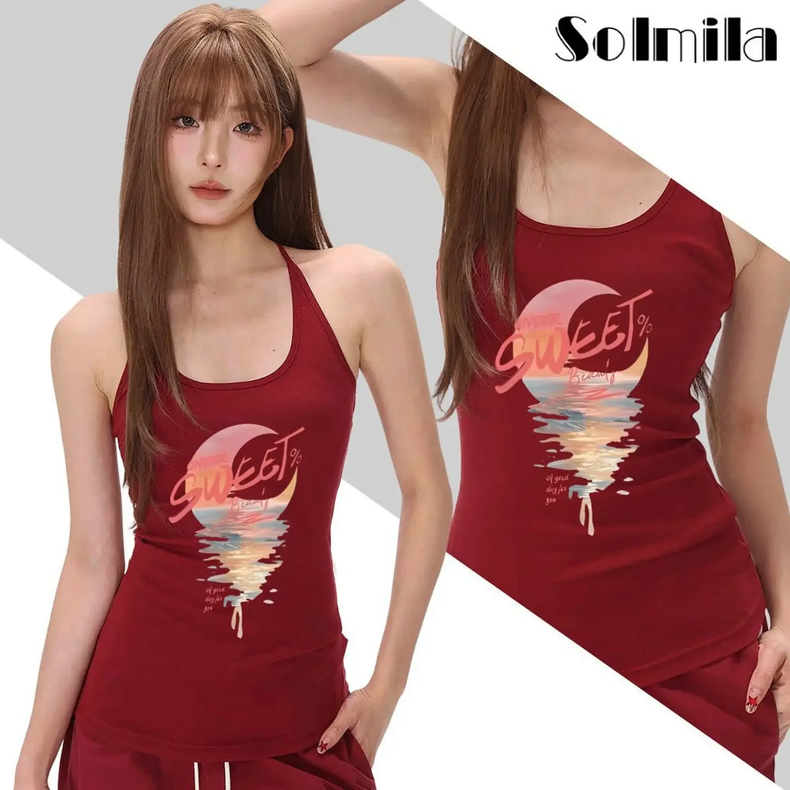 

Women's Stylish Summer For American Landscape Print Slim Fit Halter Neck Sleeveless Vest Fashion Daily & Holiday Wear Outings