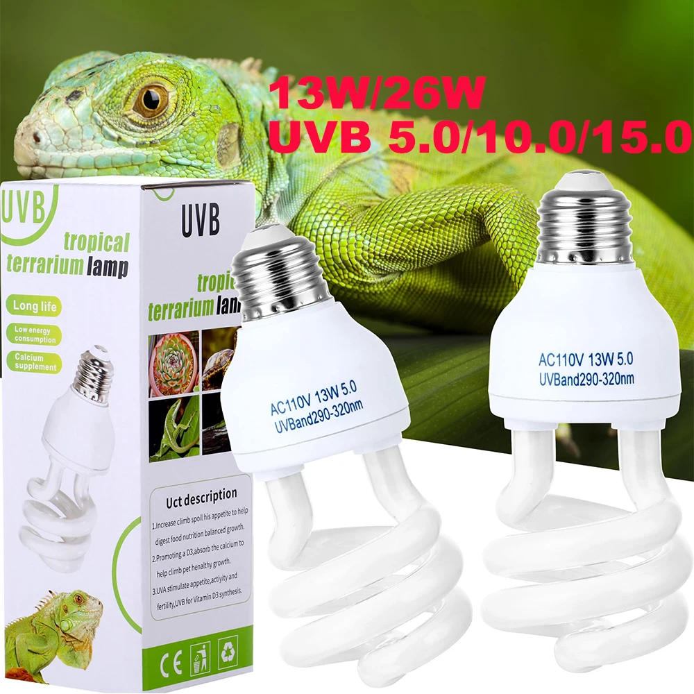 UVB 5.0 10.0 Reptile Heating Lamp 13W /26W UV Energy Saving Bulb Terrarium Basking Reptile Light Turtle Lizard Snake Lamps