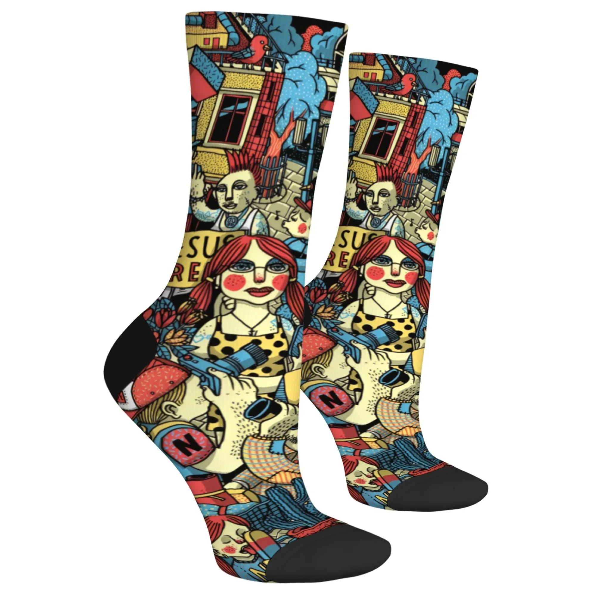 Retro folk art cartoon casual socks with brightly colored patterns featuring bird and cactus prints; novel street gift for men.