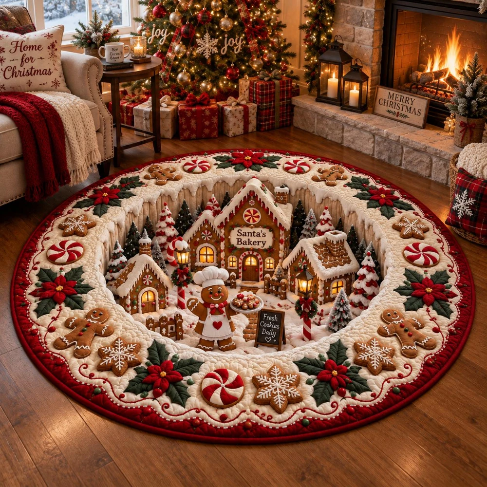 Cozy Santa Reading Bedroom Area Rug 3D Bookcase Swirl Floor Mat Festive Living Room Entryway Washable Circle Rug
