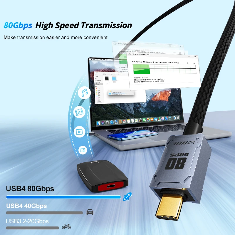 80Gbps USB4 Cable 8K UHD Type C 240W Fast Charging Data Transfer USB C Cable Compatible Thunderbolt 4 For Laptop Mobile Disk