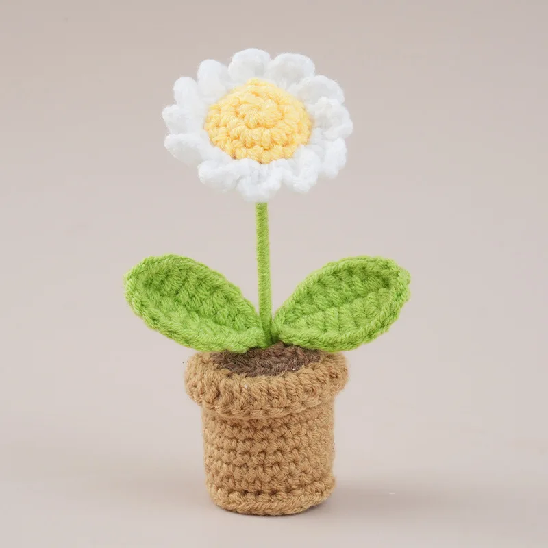 Niedliche Gehäkelte Blumentöpfe Handgewebte Gänseblümchen Mini-Gänseblümchen-Blumentopf Tisch- und Autodekoration Geschenk – Detail 4